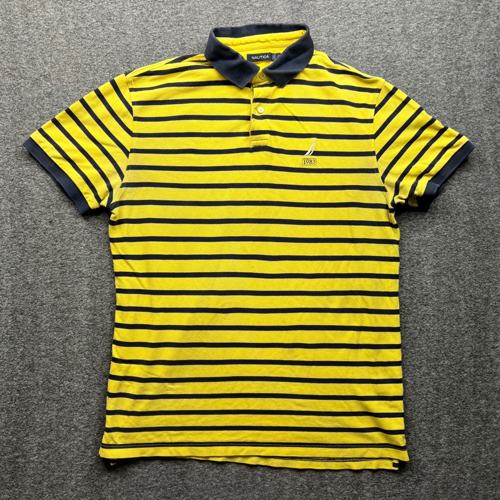 Nautica Polo Shirt Mens XL Yellow Striped Short Sleeve Cotton 1983 Logo